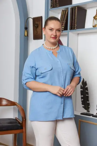 Pocket Cover Stone Detailed Plus Size Baby Blue Shirt - 3