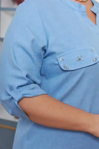 Pocket Cover Stone Detailed Plus Size Baby Blue Shirt - 6