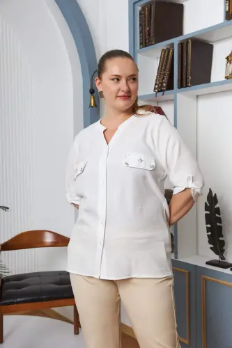 Pocket Cover Stone Detailed Plus Size Ecru Shirt - 1