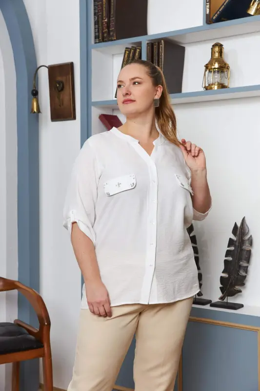 Pocket Cover Stone Detailed Plus Size Ecru Shirt - 2