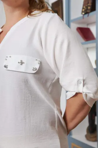 Pocket Cover Stone Detailed Plus Size Ecru Shirt - 7