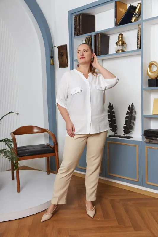 Pocket Cover Stone Detailed Plus Size Ecru Shirt - 4