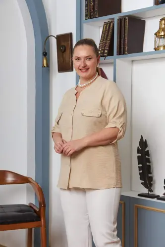 Pocket Cover Stone Detailed Plus Size Mink Shirt - BÜYÜKBEDENIZ (1)