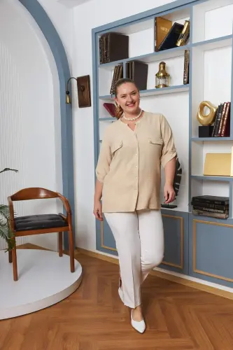 Pocket Cover Stone Detailed Plus Size Mink Shirt - 4