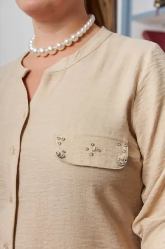 Pocket Cover Stone Detailed Plus Size Mink Shirt - 5