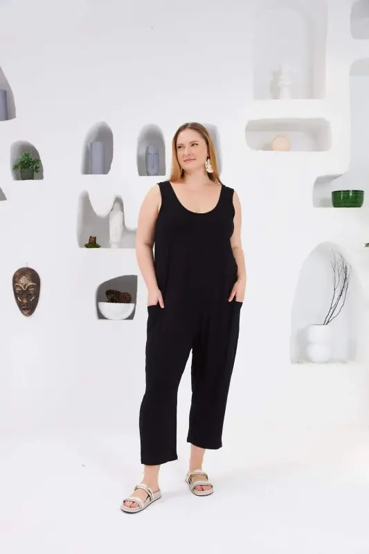Pocket Detail Plus Size Jumpsuit Black - BÜYÜKBEDENIZ