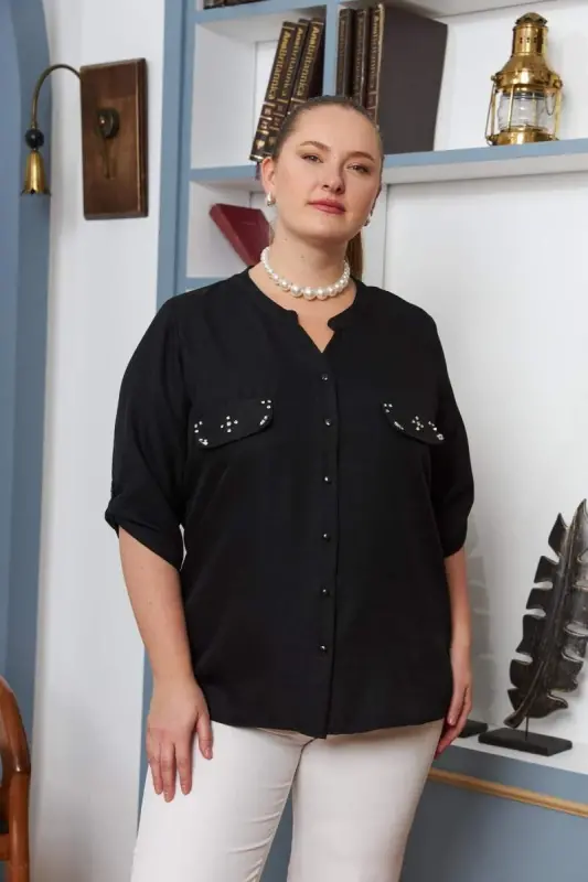 Pocket Detail Stone Detailed Plus Size Black Shirt - BÜYÜKBEDENIZ
