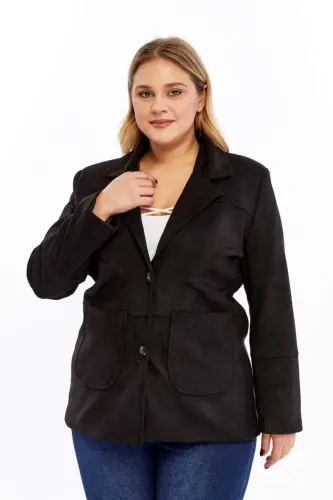 Pocket Detail Women's Plus Size Suede Jacket Black - 1