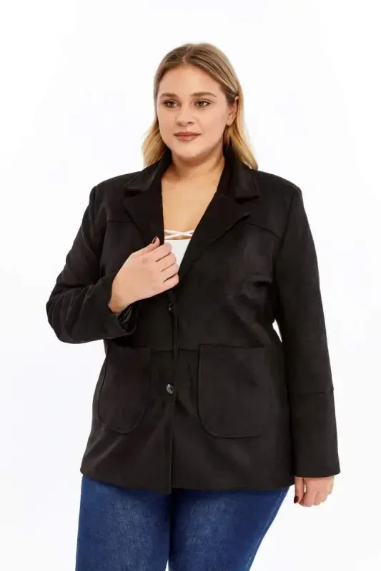 Pocket Detail Women's Plus Size Suede Jacket Black - 3