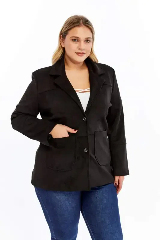 Pocket Detail Women's Plus Size Suede Jacket Black - 4