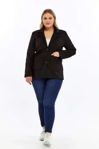 Pocket Detail Women's Plus Size Suede Jacket Black - 5
