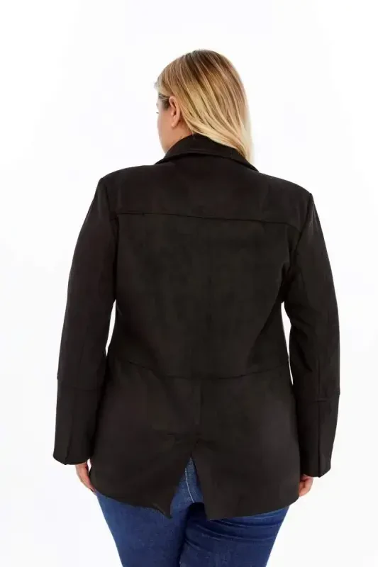 Pocket Detail Women's Plus Size Suede Jacket Black - 6