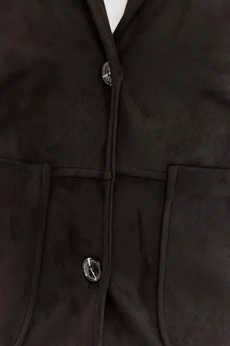 Pocket Detail Women's Plus Size Suede Jacket Black - BÜYÜKBEDENIZ (1)