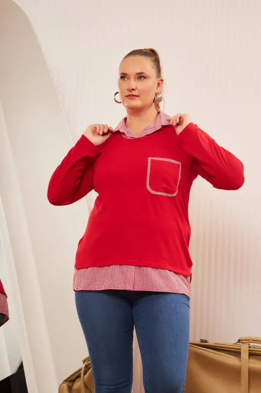 Pocket Detailed Plaid Plus Size Red Shirt Blouse - BÜYÜKBEDENIZ