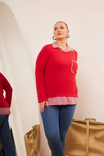 Pocket Detailed Plaid Plus Size Red Shirt Blouse - BÜYÜKBEDENIZ (1)