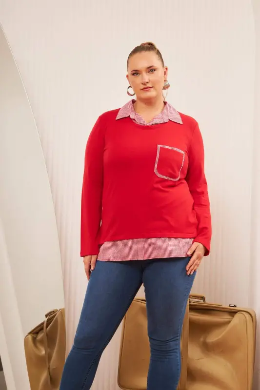 Pocket Detailed Plaid Plus Size Red Shirt Blouse - 3