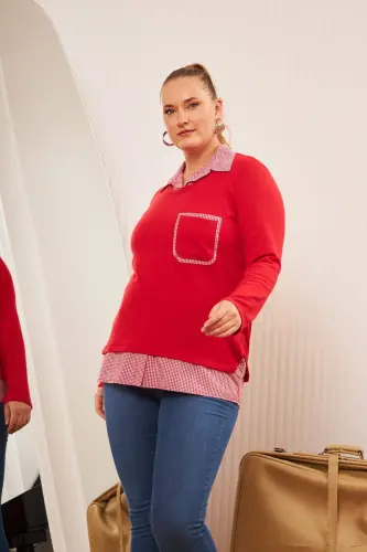 Pocket Detailed Plaid Plus Size Red Shirt Blouse - 4