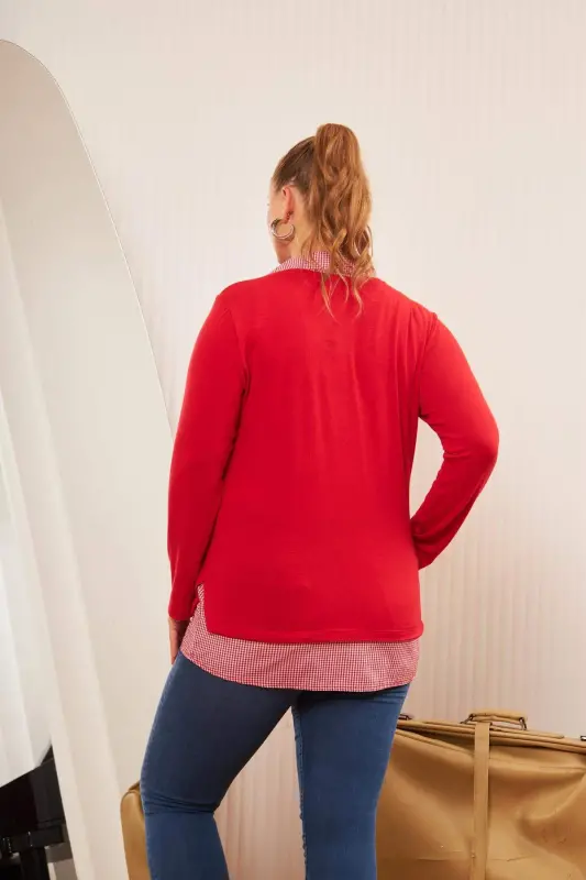 Pocket Detailed Plaid Plus Size Red Shirt Blouse - 5