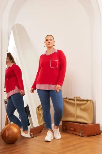 Pocket Detailed Plaid Plus Size Red Shirt Blouse - 6