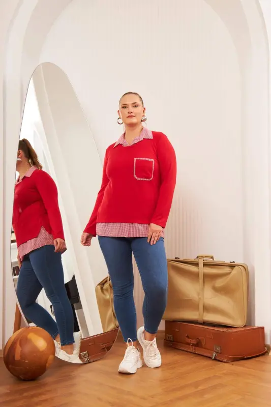 Pocket Detailed Plaid Plus Size Red Shirt Blouse - 6