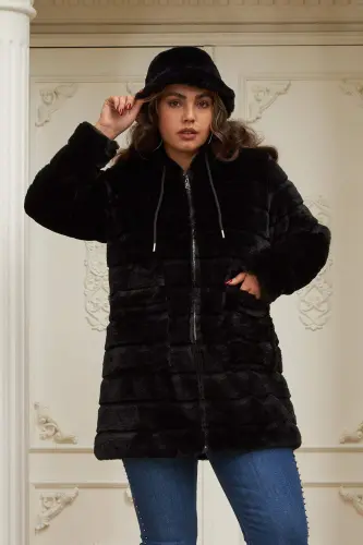Pocket Detailed Plus Size Long Black Plush Coat - 1