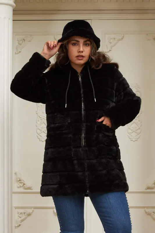 Pocket Detailed Plus Size Long Black Plush Coat - BÜYÜKBEDENIZ