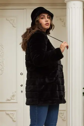 Pocket Detailed Plus Size Long Black Plush Coat - BÜYÜKBEDENIZ (1)