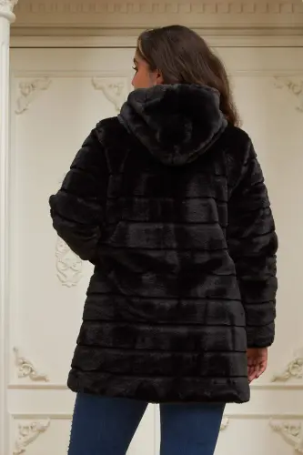 Pocket Detailed Plus Size Long Black Plush Coat - 4