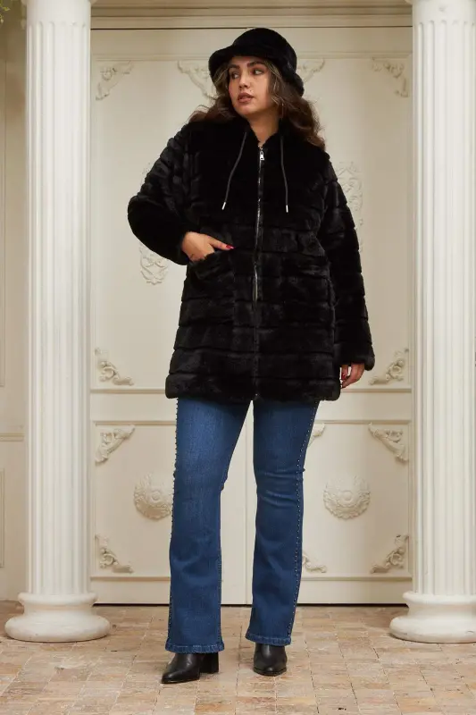 Pocket Detailed Plus Size Long Black Plush Coat - 5