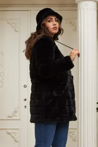 Pocket Detailed Plus Size Long Black Plush Coat - 2