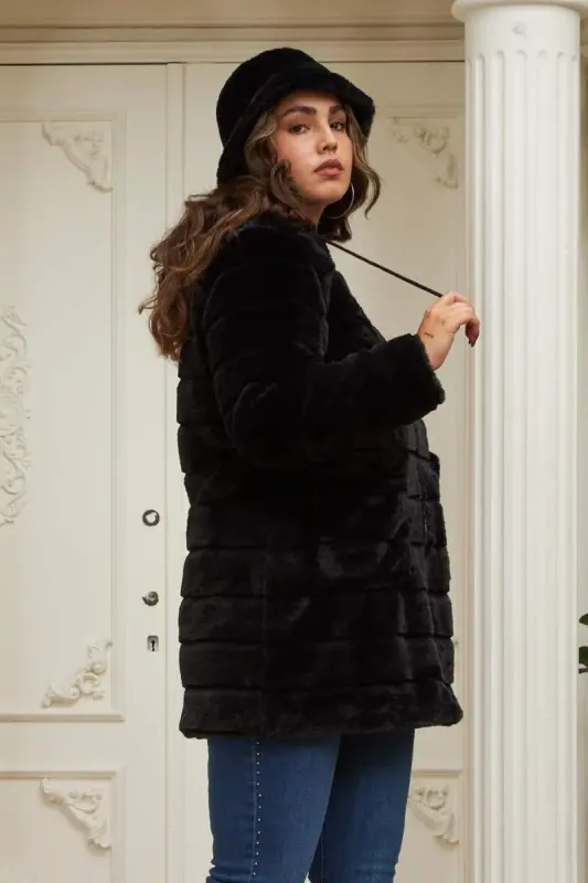 Pocket Detailed Plus Size Long Black Plush Coat - 2