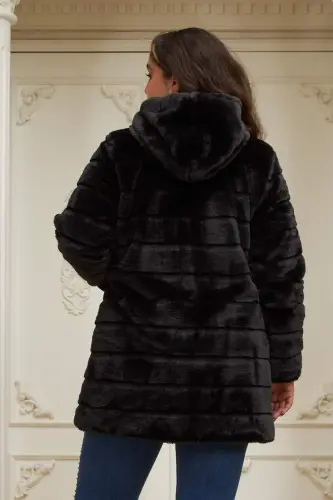 Pocket Detailed Plus Size Long Black Plush Coat - 4