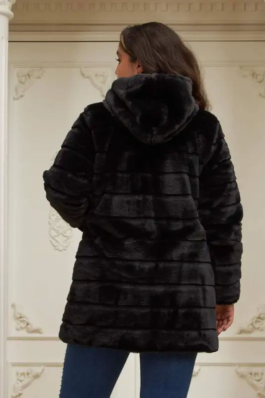Pocket Detailed Plus Size Long Black Plush Coat - 4