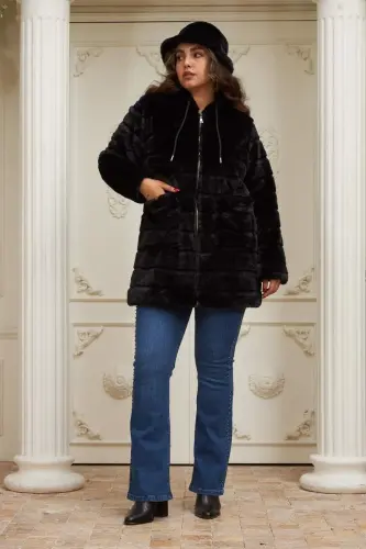 Pocket Detailed Plus Size Long Black Plush Coat - 5