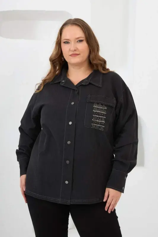 Pocket Detailed Plus Size Shirt Smoke Gray - 1