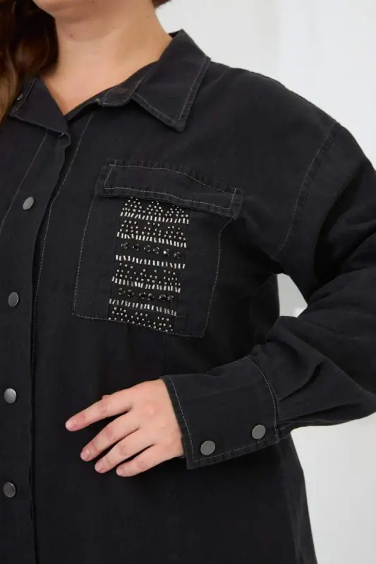 Pocket Detailed Plus Size Shirt Smoke Gray - 2