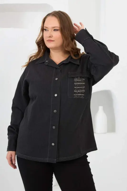 Pocket Detailed Plus Size Shirt Smoke Gray - 4