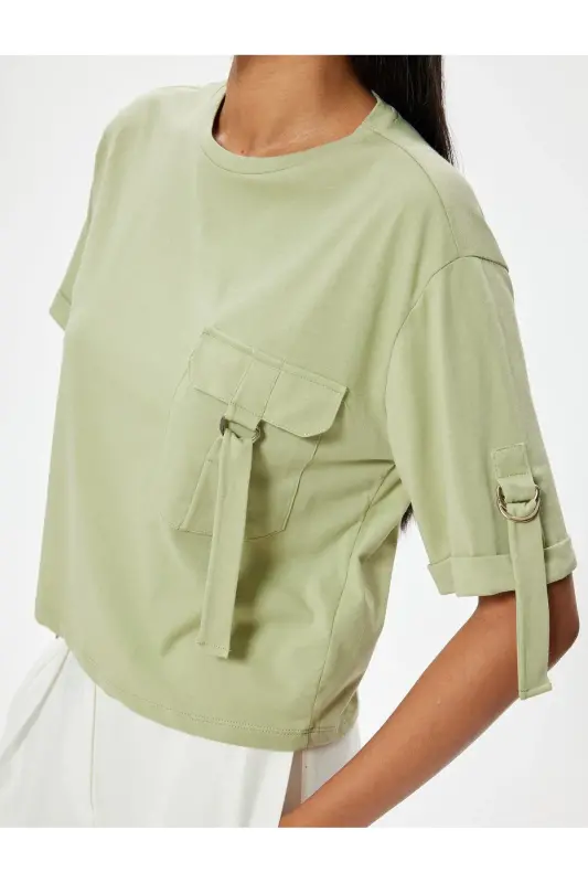 Pocket Detailed Short Sleeve T-Shirt Round Neck Cotton - 5