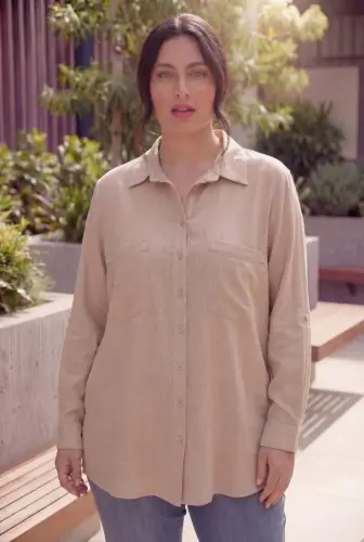 Pocket Embroidery Detailed Women's Plus Size Shirt Beige - 1