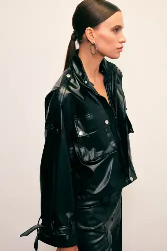 Pocket Leather Jacket - BLACK - SATEEN (1)