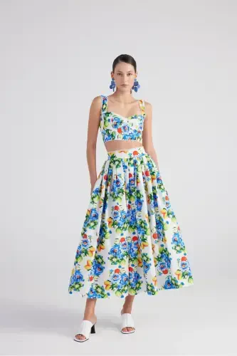 Pocket Patterned Long Ravello Skirt Blue - HOLLY LOLLY (1)