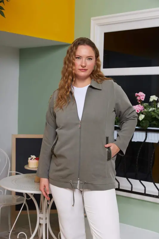 Pocket Sequin Detailed Plus Size Jacket Khaki - 1