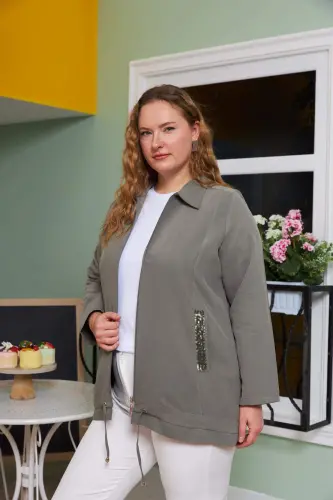 Pocket Sequin Detailed Plus Size Jacket Khaki - 3