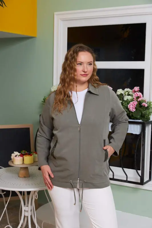 Pocket Sequin Detailed Plus Size Jacket Khaki - 11