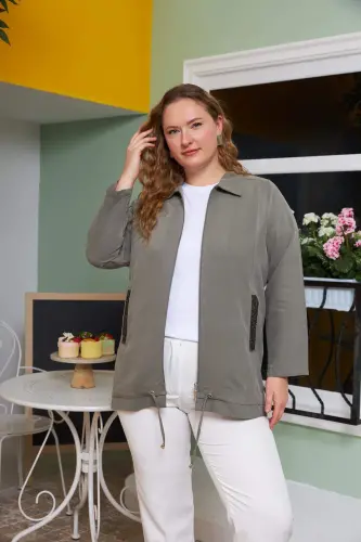 Pocket Sequin Detailed Plus Size Jacket Khaki - 5