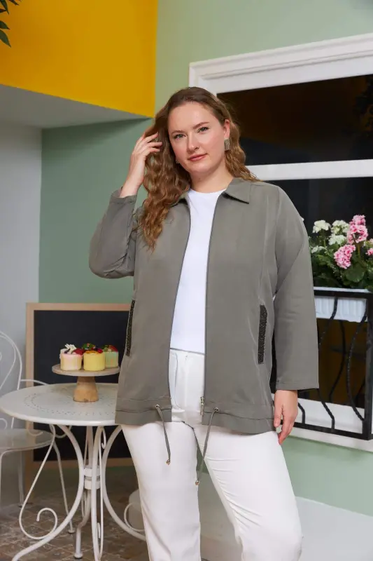 Pocket Sequin Detailed Plus Size Jacket Khaki - 5