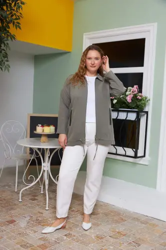 Pocket Sequin Detailed Plus Size Jacket Khaki - 8