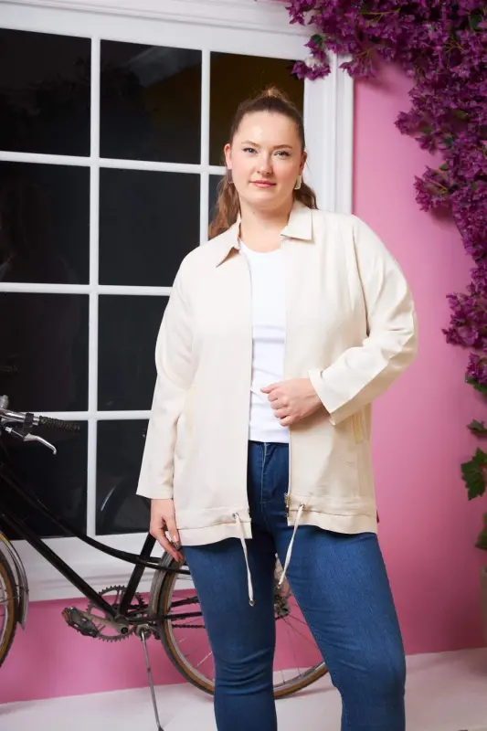 Pocket Sequined Detailed Plus Size Jacket Cream - 1