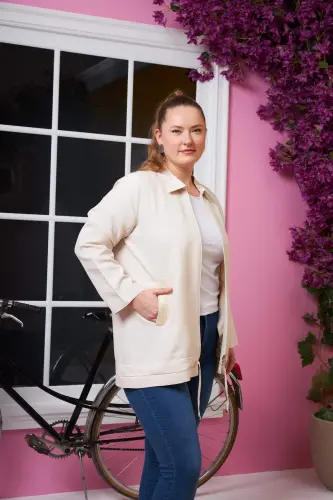 Pocket Sequined Detailed Plus Size Jacket Cream - 9