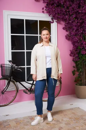 Pocket Sequined Detailed Plus Size Jacket Cream - 5